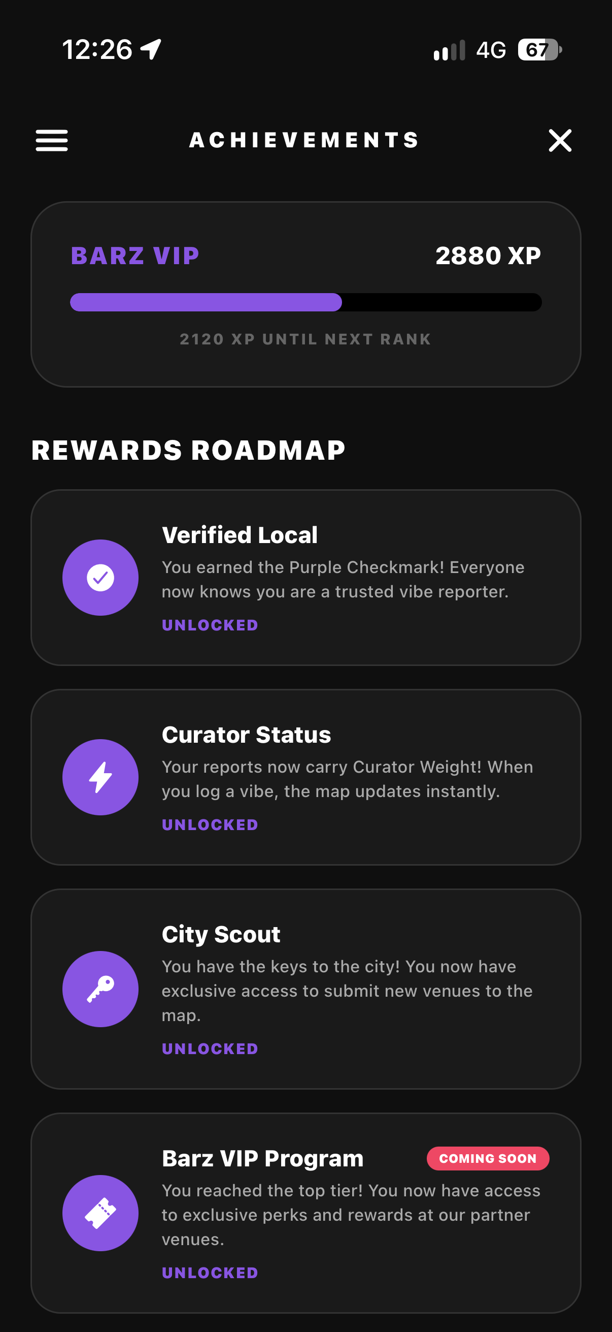BARZ XP and achievements showing unlocked contributor status