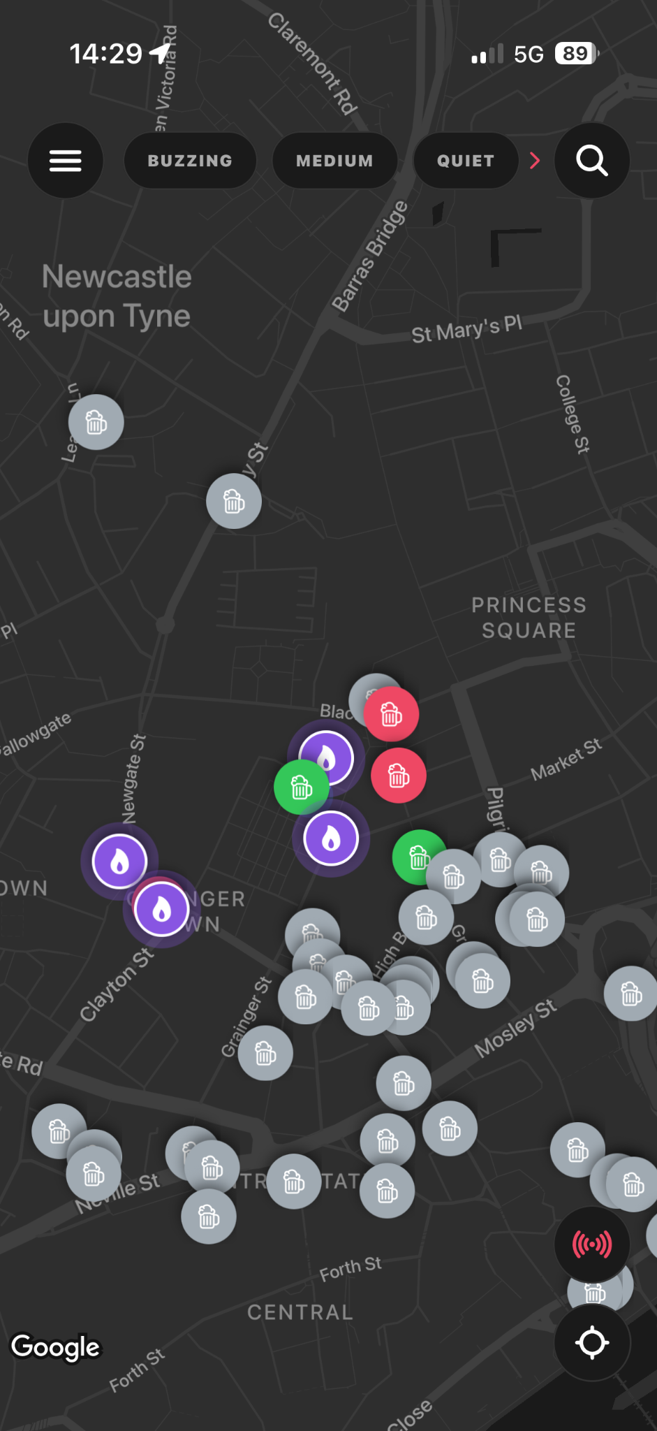 BARZ live nightlife map showing venues across Newcastle
