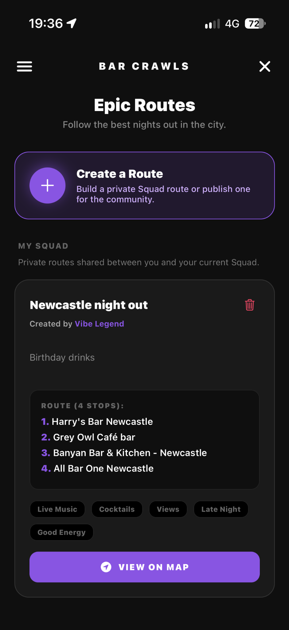 BARZ bar crawl route builder showing a Newcastle night out