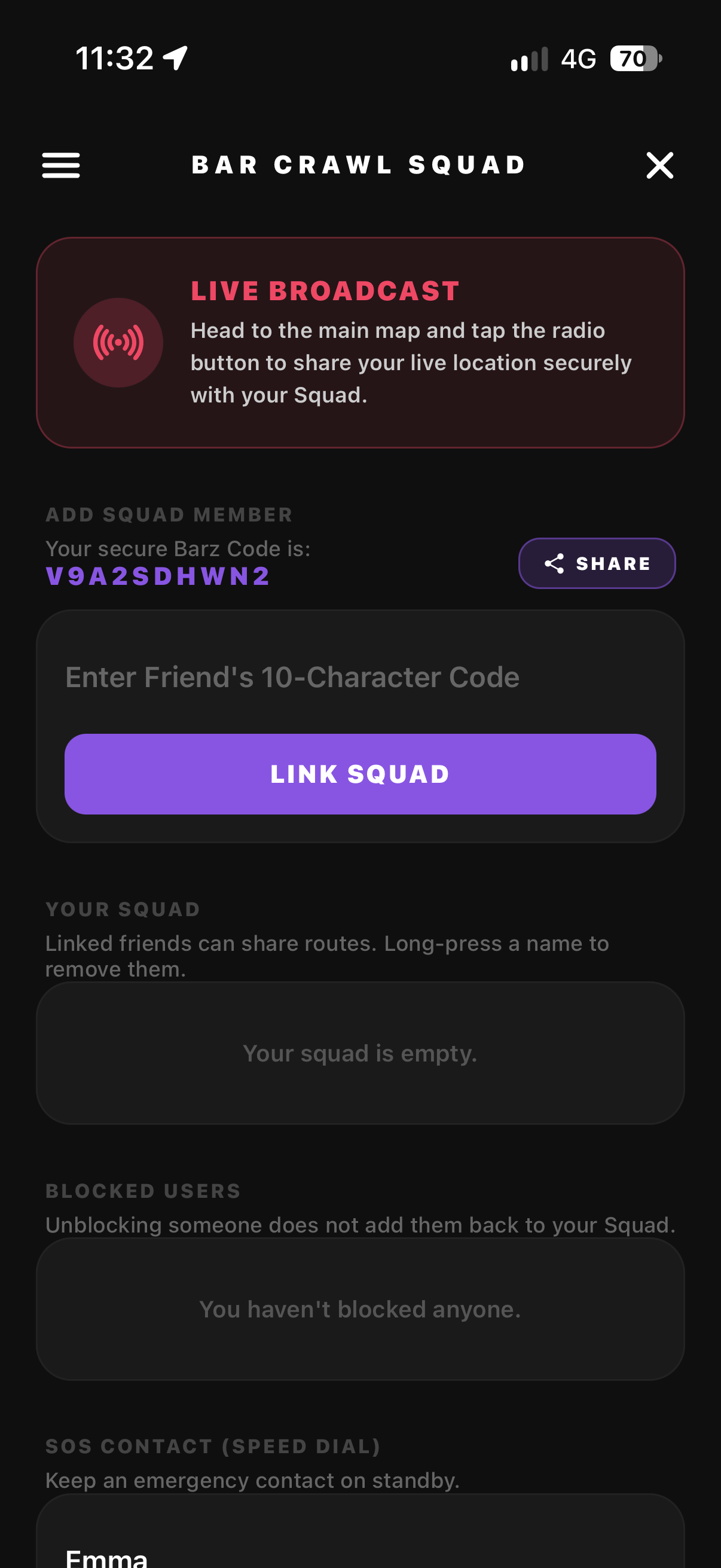 BARZ Squad secure sharing and live location controls