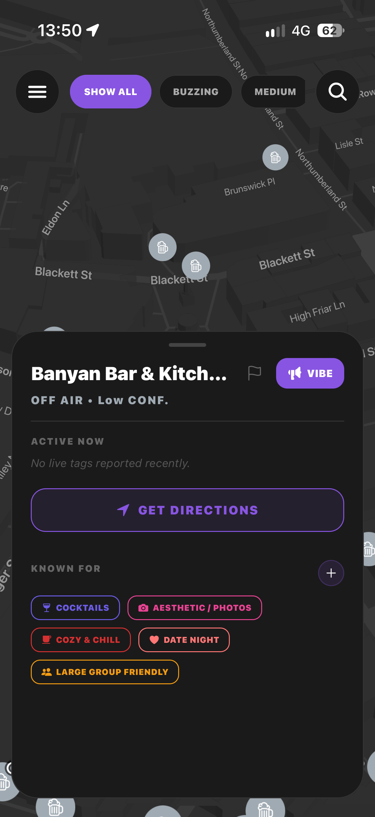 BARZ venue detail showing live status, directions and atmosphere tags
